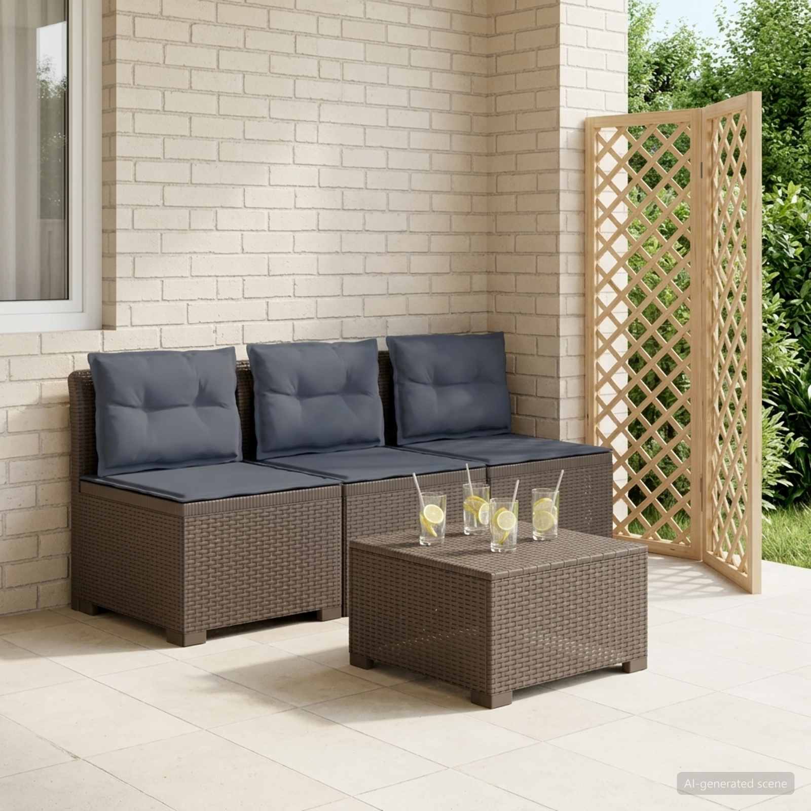 vidaXL Sofa ogrodowa 3-osobowa z poduszkami w rattanowym wyglądzie PP