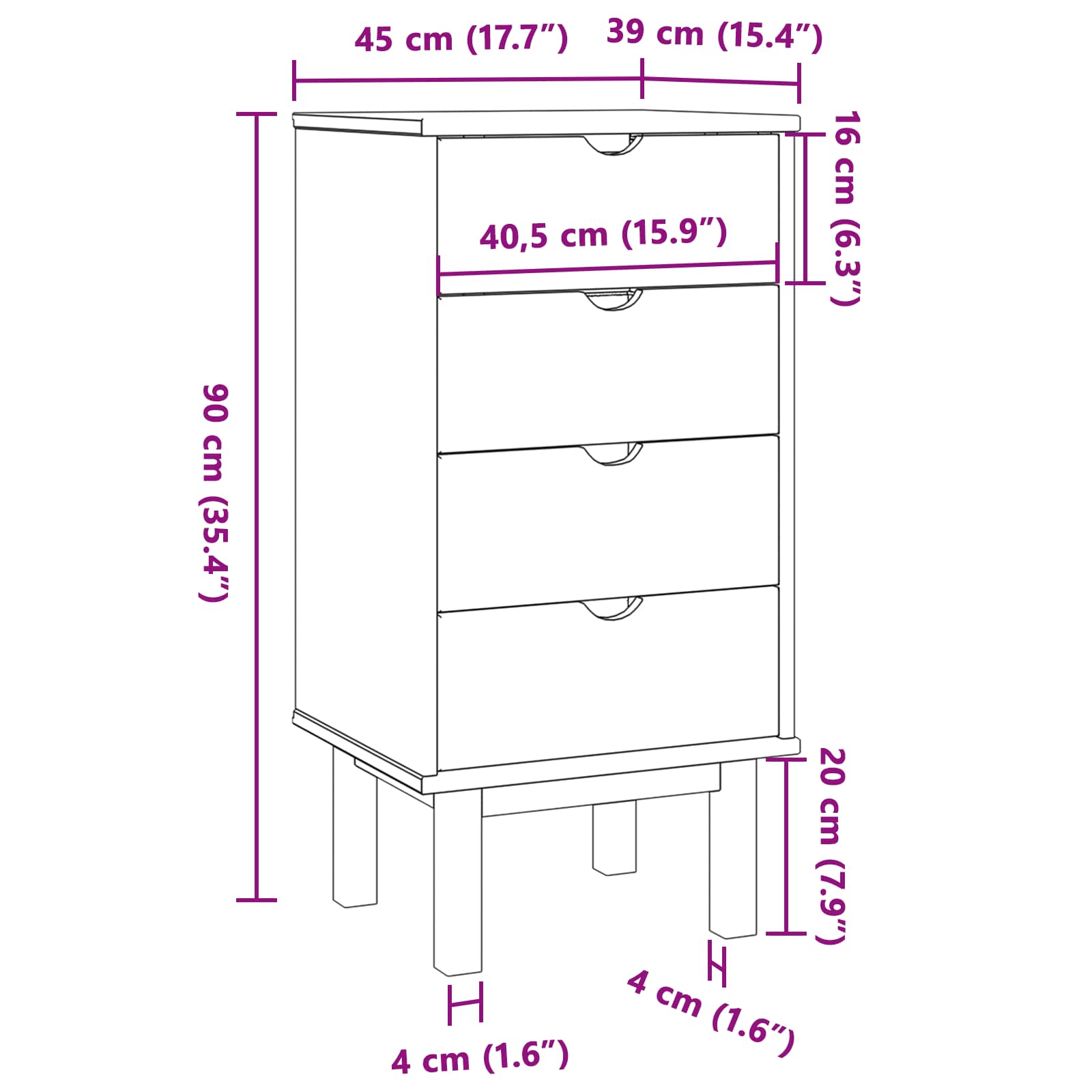 vidaXL Komoda z szufladami z szufladą OTTA Czarny 45 x 39 x 90 cm