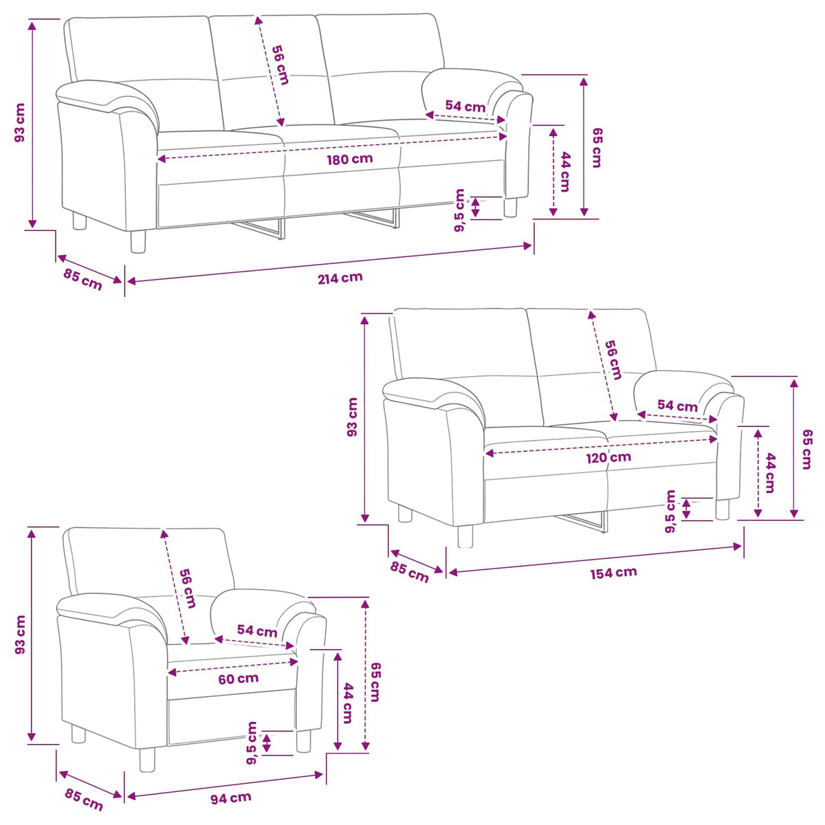 vidaXL Zestaw Sof 3 pcs ciemnoszary Welur