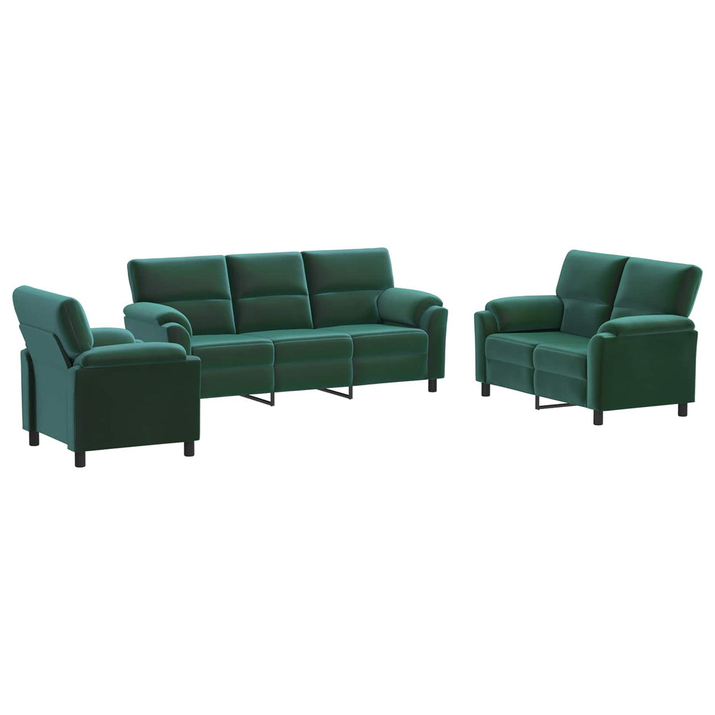 vidaXL Zestaw Sof 3 pcs Ciemnozielony Welur
