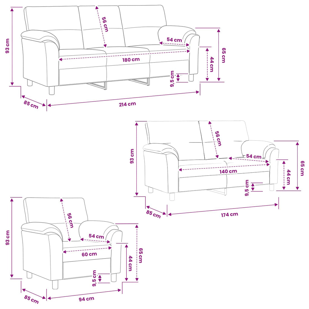 vidaXL Zestaw Sof 3 pcs ciemnoszary Welur
