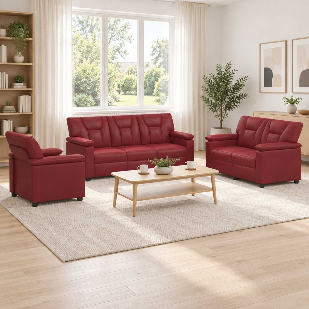 vidaXL Zestaw Sof 3 pcs Czerwone wino Ekoskóra