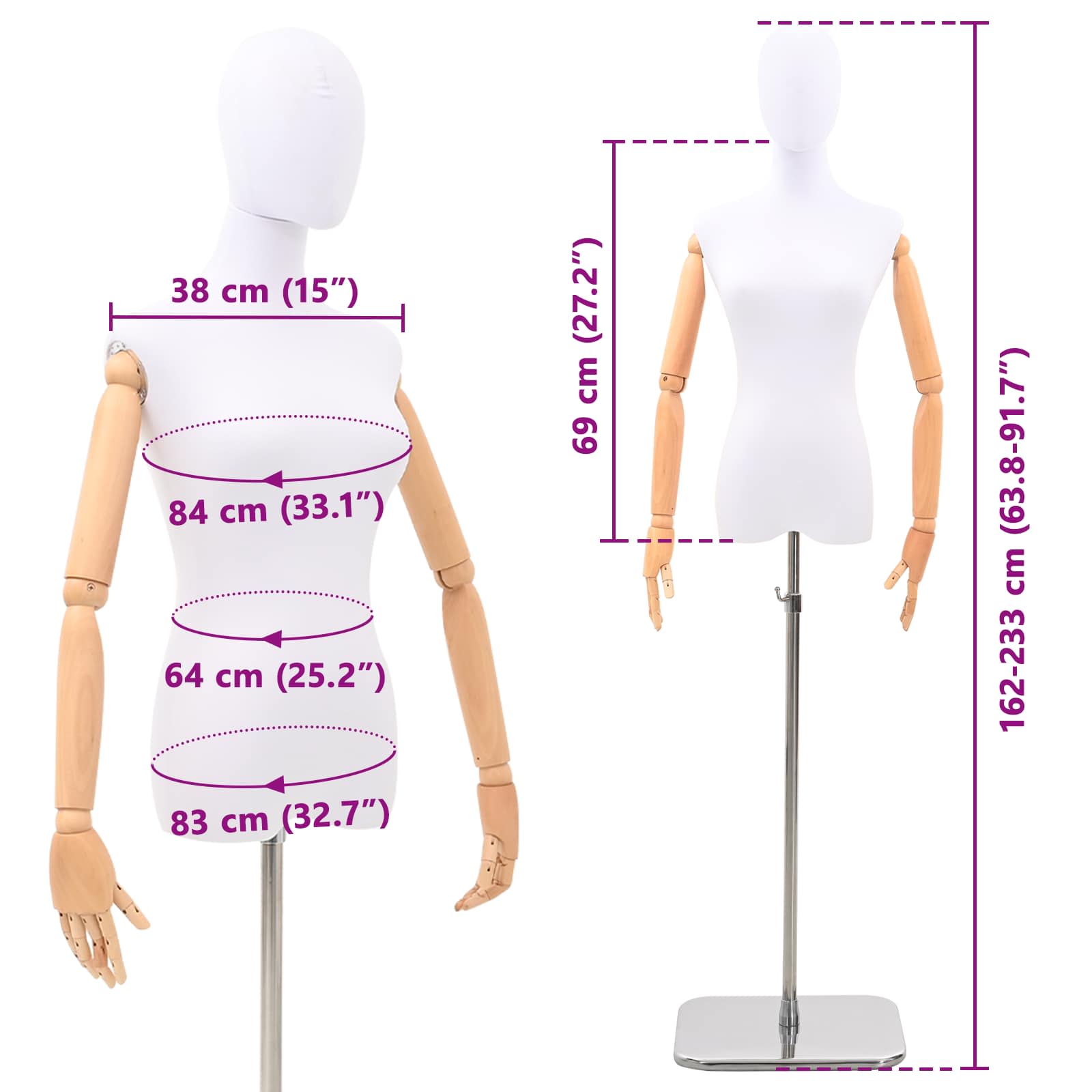 vidaXL Regulowany manekin 162-233 cm z głową i podstawą Kobieta PP