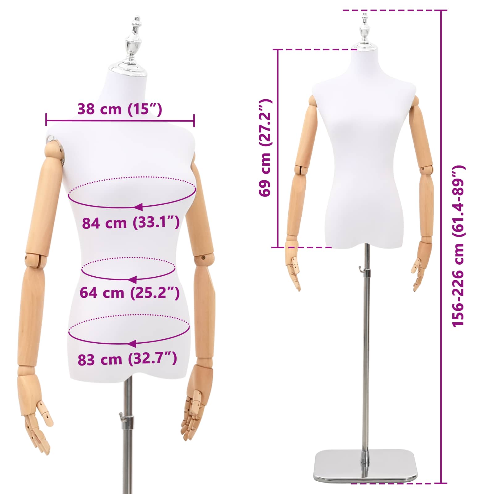 vidaXL Regulowany manekin 156-226 cm z podstawą Kobieta PP Biały