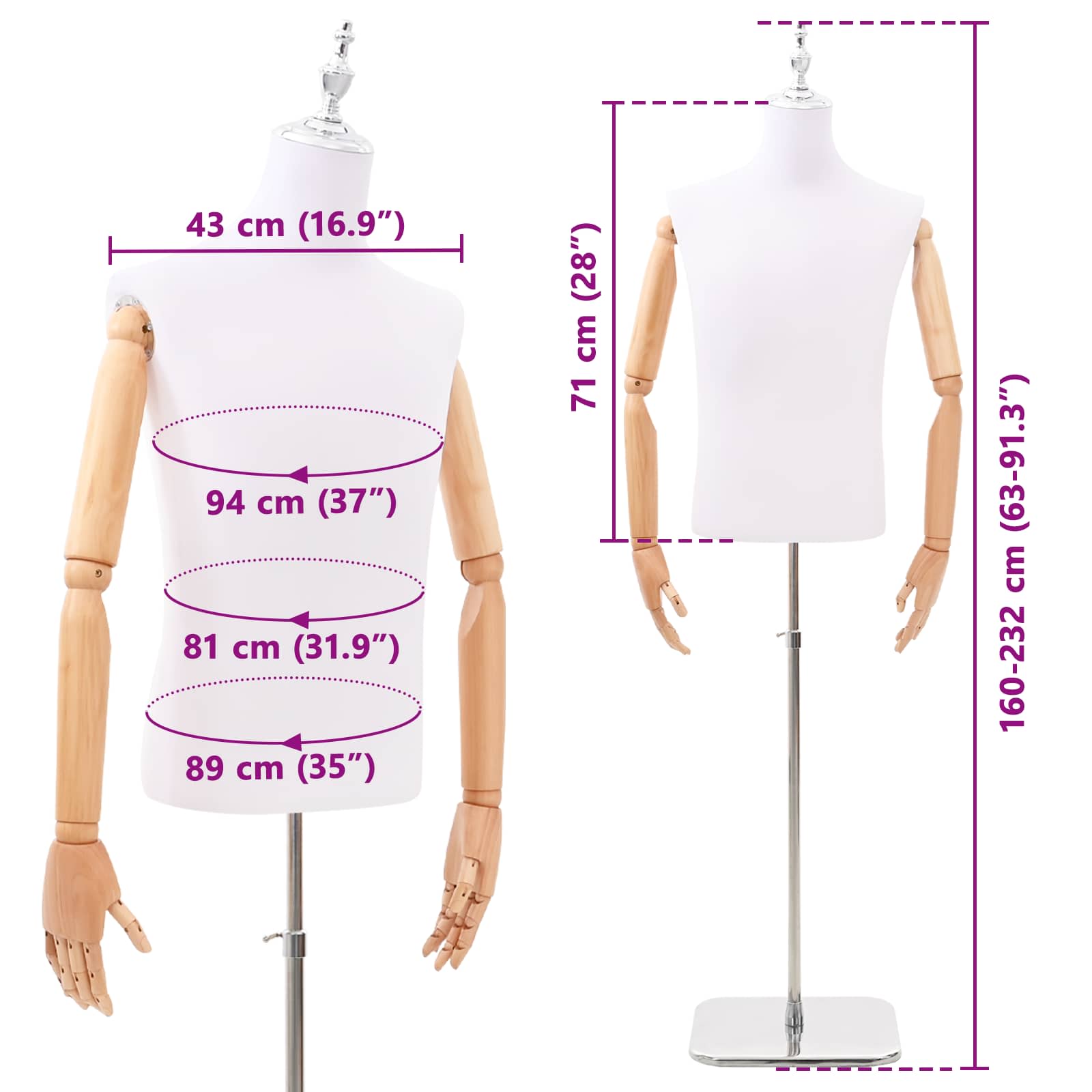 vidaXL Regulowana manekin 160-232 cm z podstawą Mężczyzna PP Biały