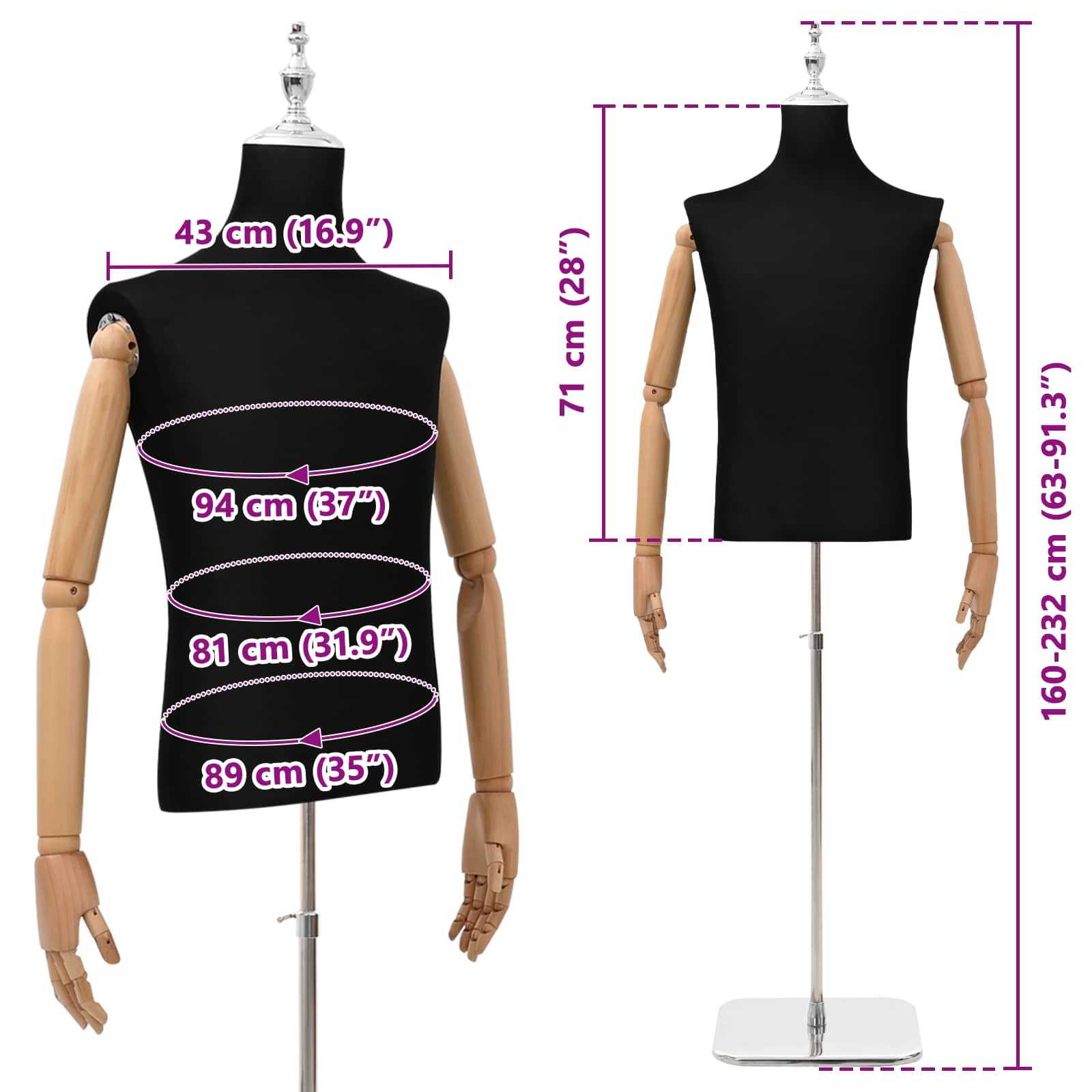 vidaXL Regulowana manekin 160-232 cm z podstawą Mężczyzna PP Czarny