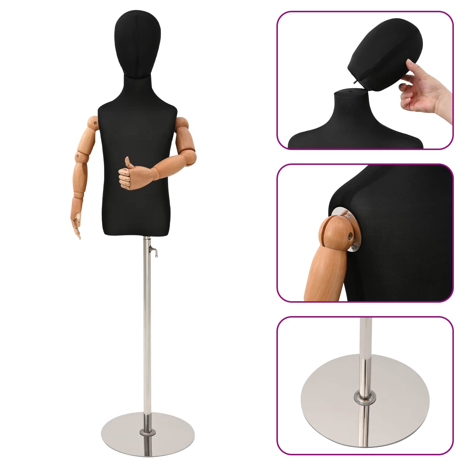 vidaXL Regulowany manekin 120-150 cm z podstawą Dla obu płci PP Czarny