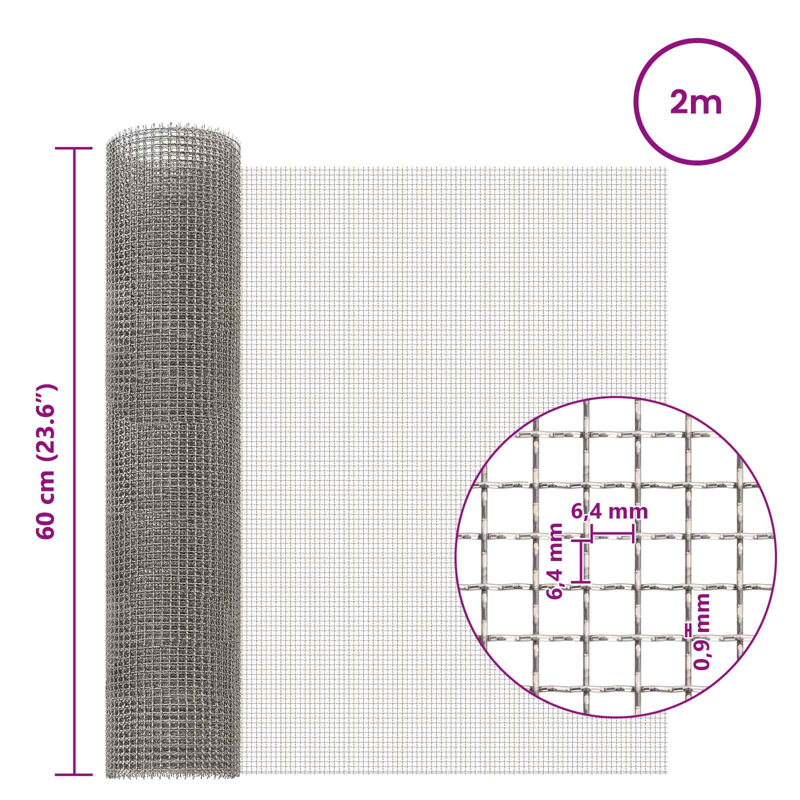 vidaXL Siatka ekranowa 60 x 200 cm 3 Mesh Stal nierdzewna 201 srebrny