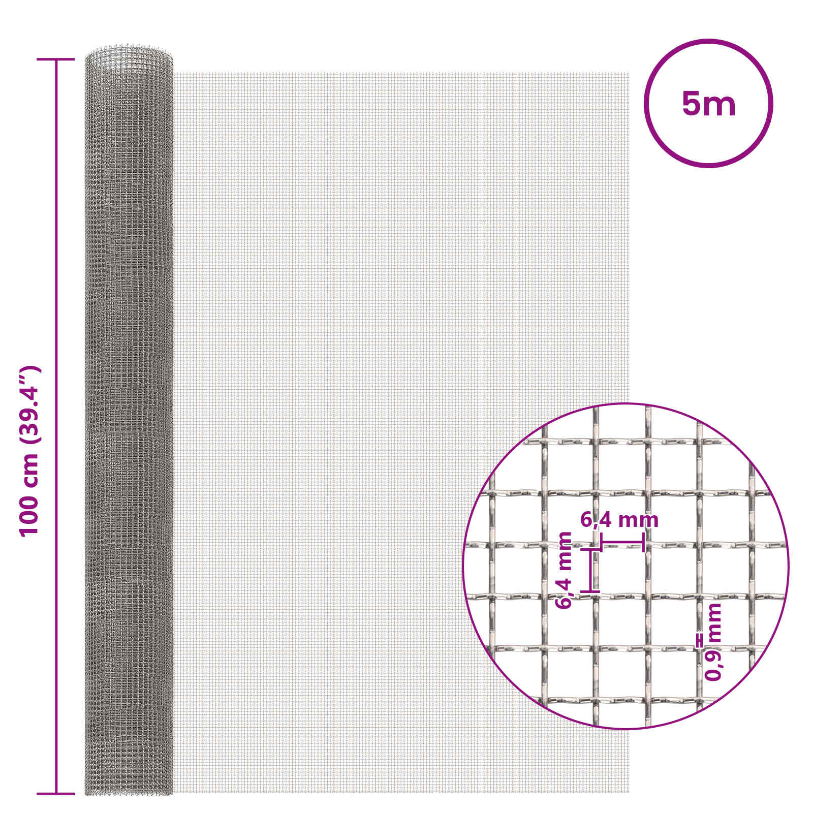 vidaXL Siatka ekranowa 100 x 500 cm 3 Mesh Stal nierdzewna 201 srebrny