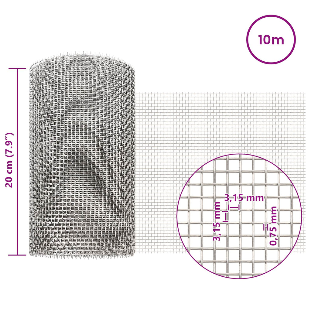 vidaXL Siatka ekranowa 20 x 1000 cm 6 Mesh Stal nierdzewna 201 srebrny
