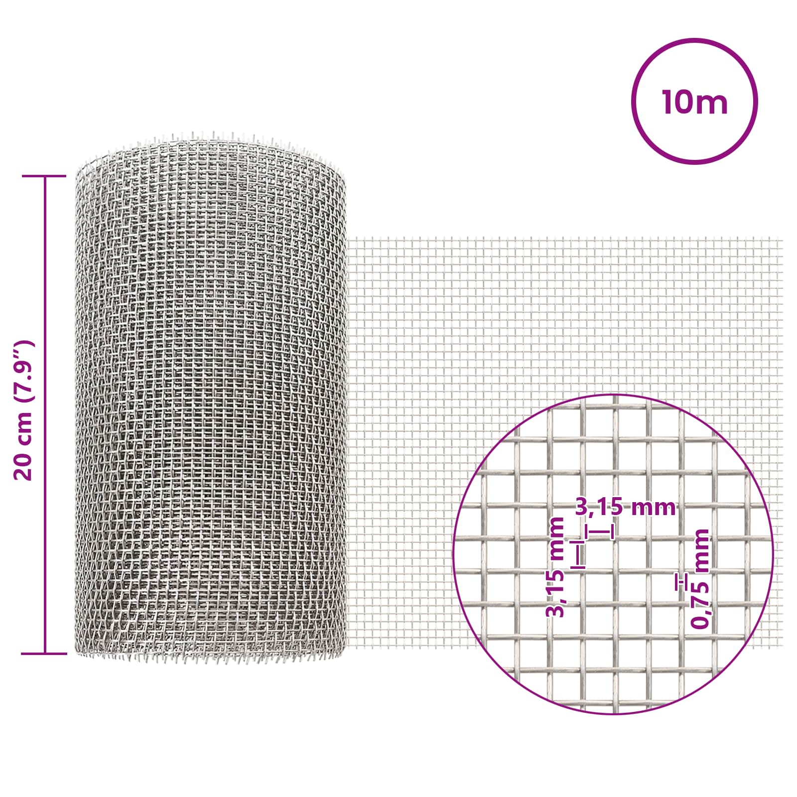 vidaXL Siatka ekranowa 20 x 1000 cm 6 Mesh Stal nierdzewna 201 srebrny
