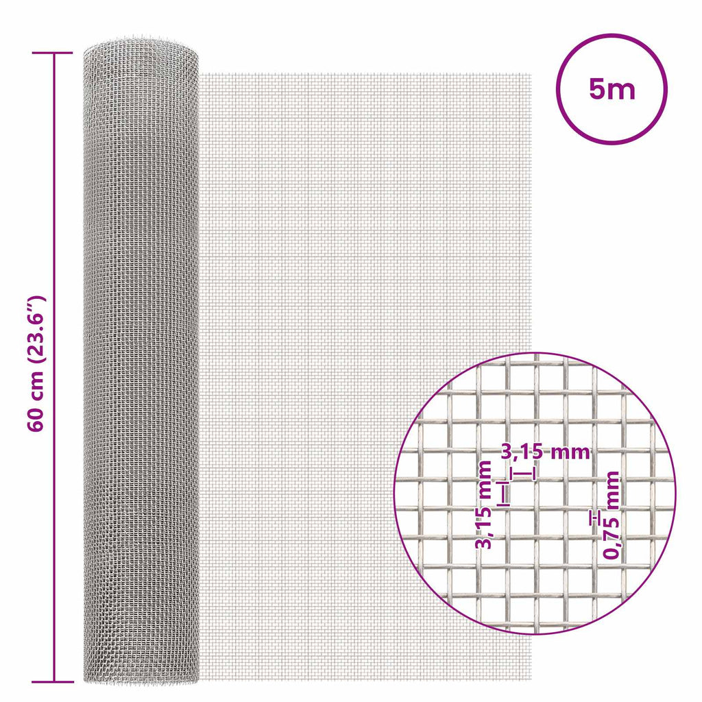 vidaXL Siatka ekranowa 60 x 500 cm 6 Mesh Stal nierdzewna 201 srebrny