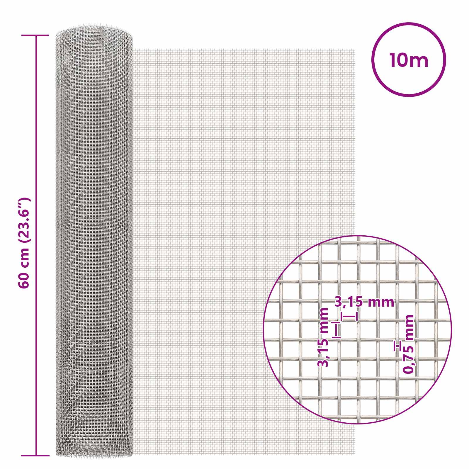 vidaXL Siatka ekranowa 60 x 1000 cm 6 Mesh Stal nierdzewna 201 srebrny