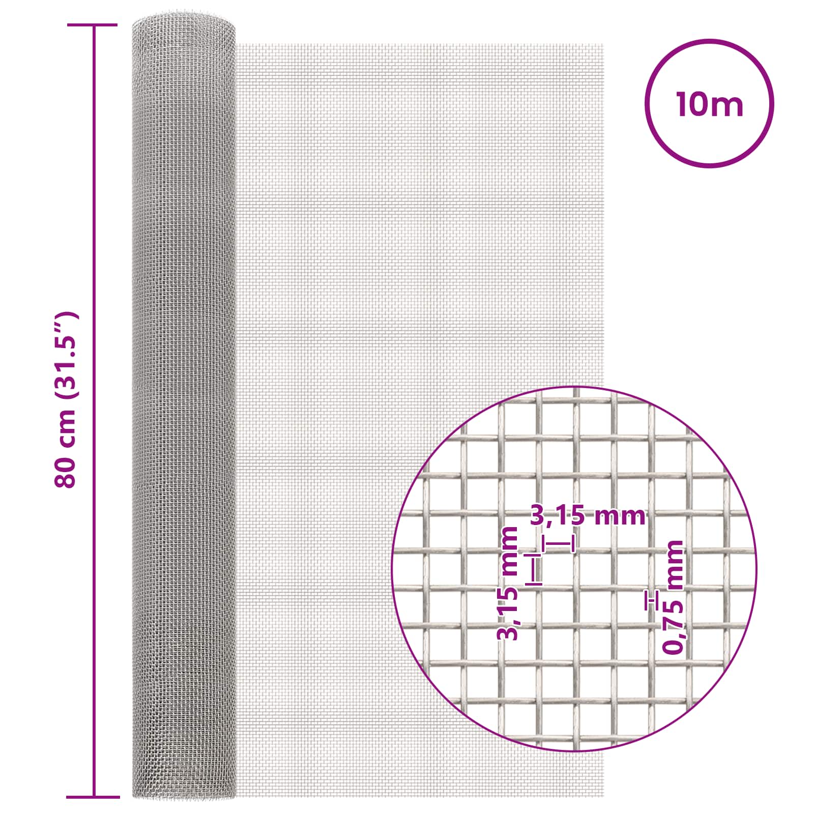 vidaXL Siatka ekranowa 80 x 1000 cm 6 Mesh Stal nierdzewna 201 srebrny