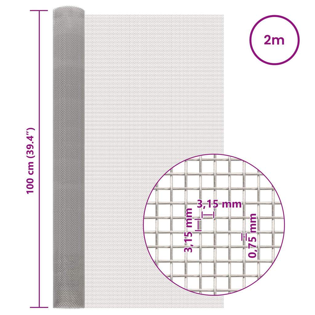 vidaXL Siatka ekranowa 100 x 200 cm 6 Mesh Stal nierdzewna 201 srebrny