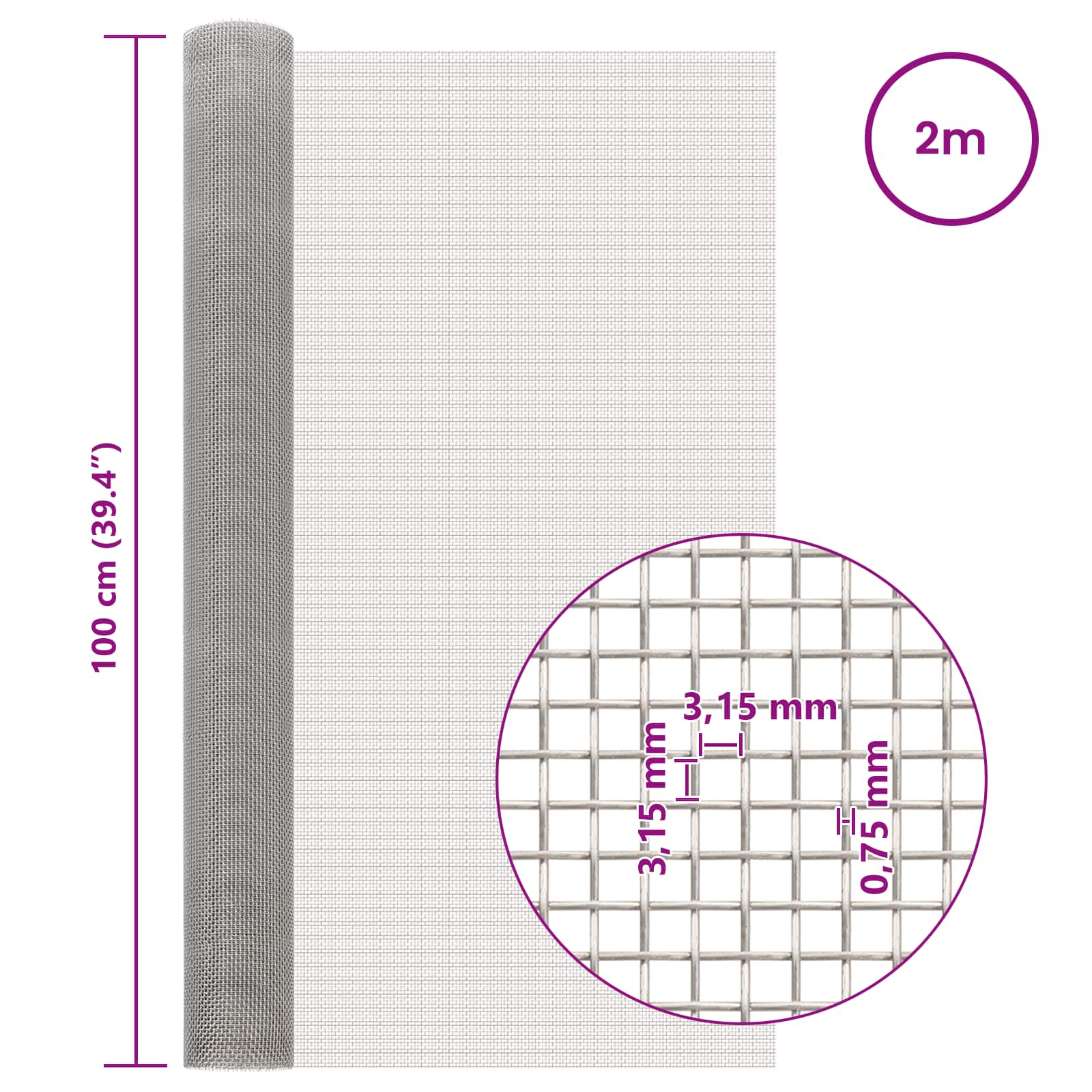 vidaXL Siatka ekranowa 100 x 200 cm 6 Mesh Stal nierdzewna 201 srebrny