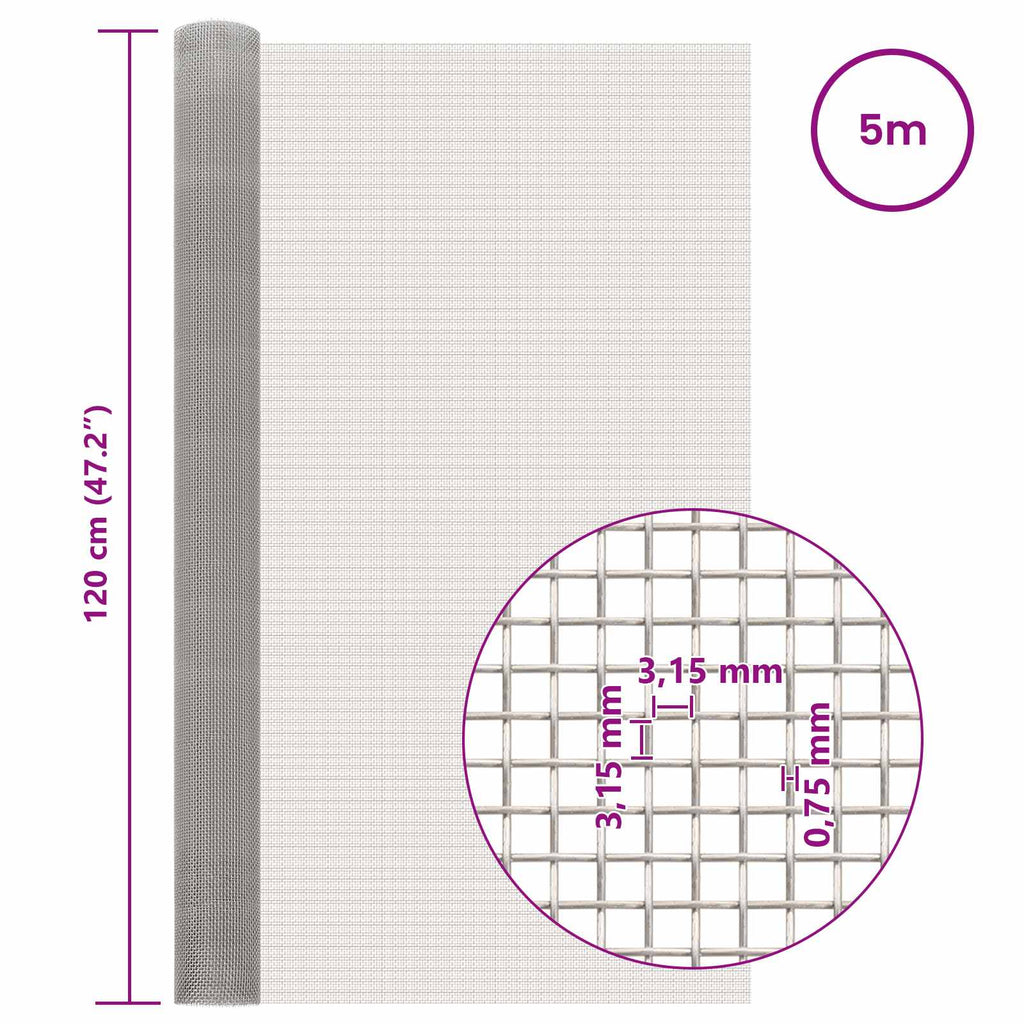 vidaXL Siatka ekranowa 120 x 500 cm 6 Mesh Stal nierdzewna 201 srebrny