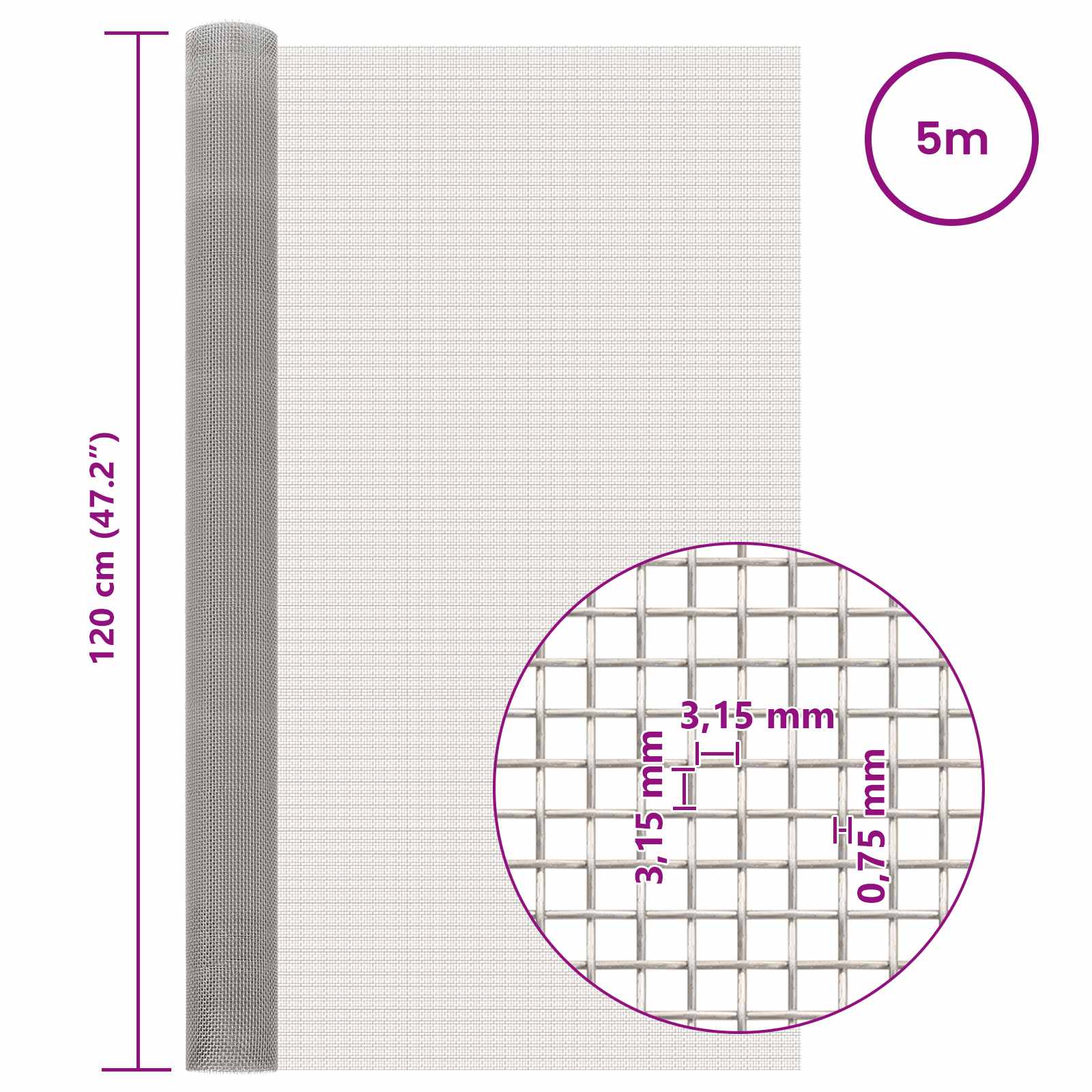vidaXL Siatka ekranowa 120 x 500 cm 6 Mesh Stal nierdzewna 201 srebrny