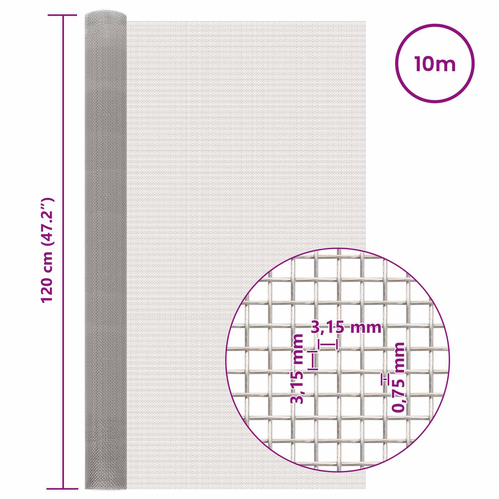 vidaXL Siatka ekranowa 120 x 1000 cm 6 Mesh Stal nierdzewna 201