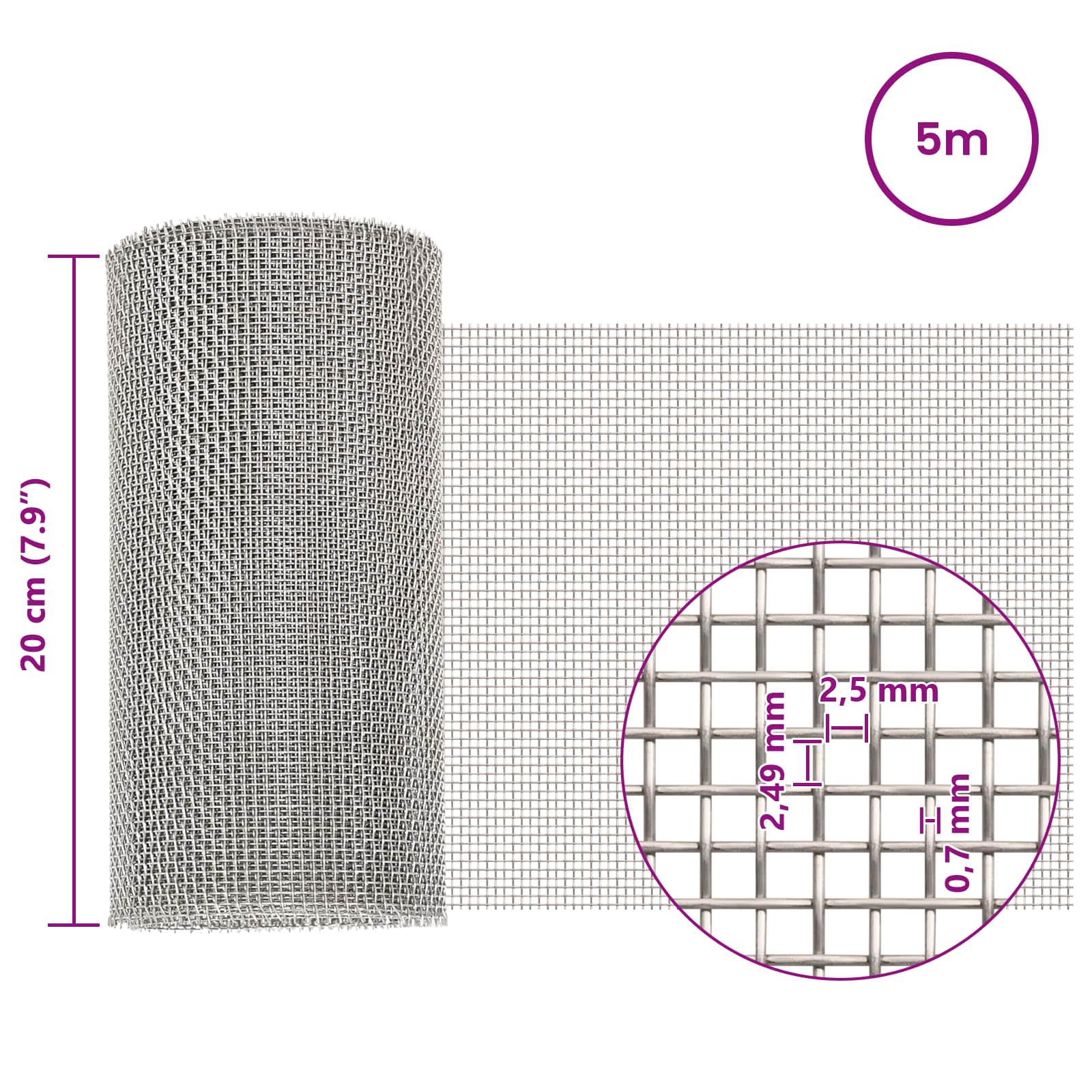vidaXL Siatka ekranowa 20 x 500 cm 8 Mesh Stal nierdzewna 201 srebrny