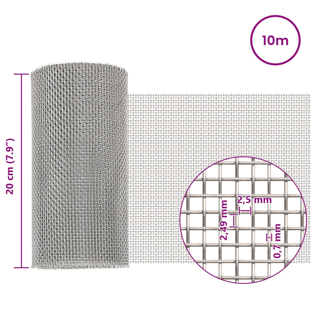 vidaXL Siatka ekranowa 20 x 1000 cm 8 Mesh Stal nierdzewna 201 srebrny