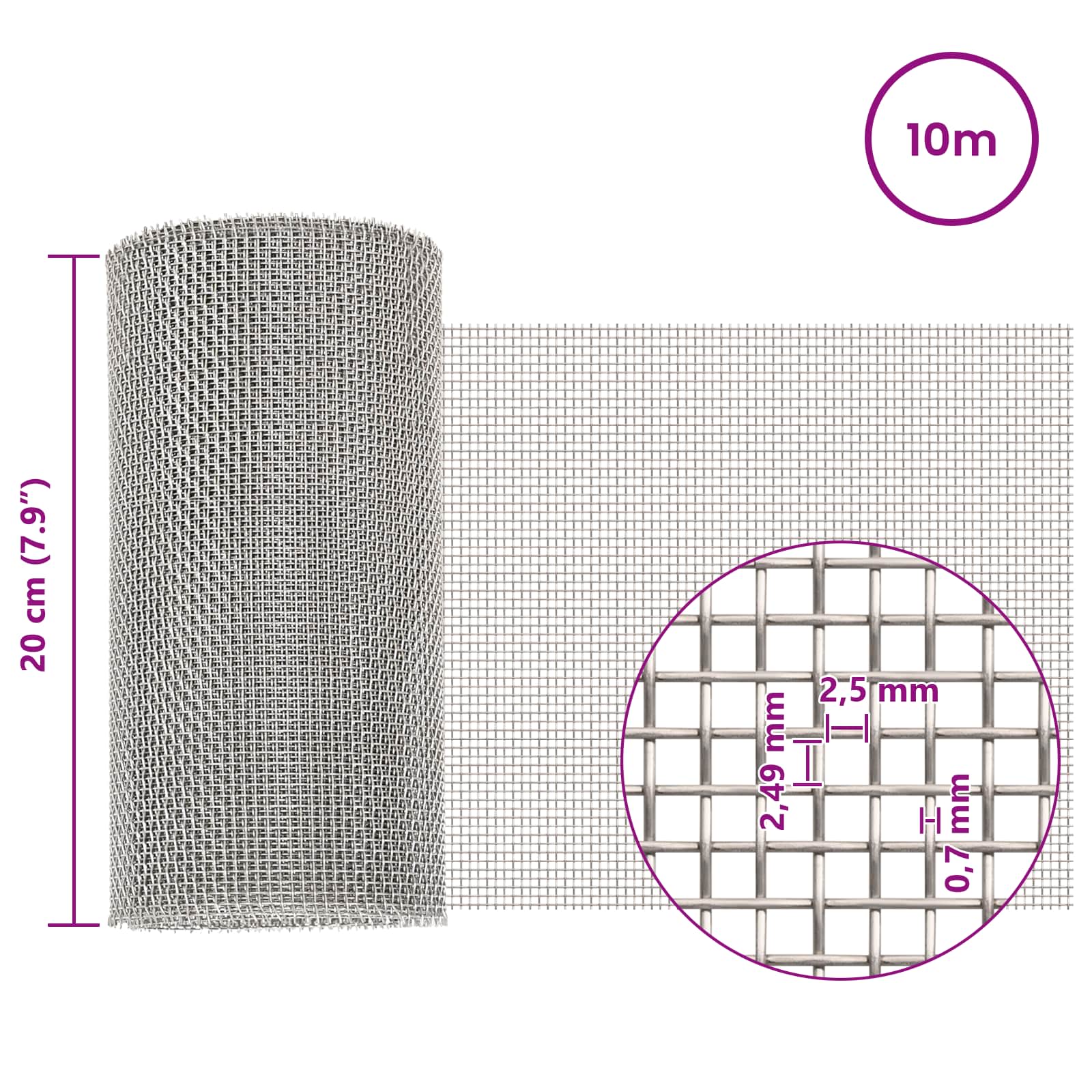 vidaXL Siatka ekranowa 20 x 1000 cm 8 Mesh Stal nierdzewna 201 srebrny