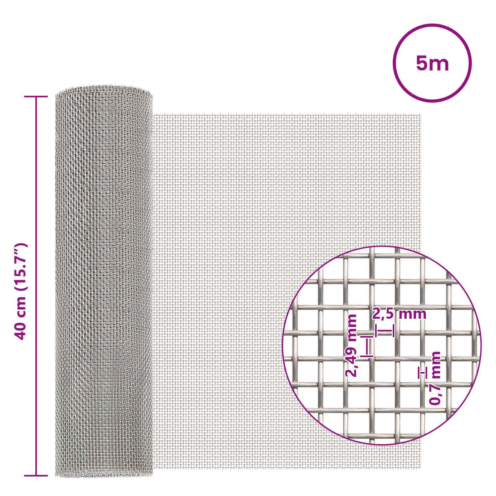 vidaXL Siatka ekranowa 40 x 500 cm 8 Mesh Stal nierdzewna 201 srebrny