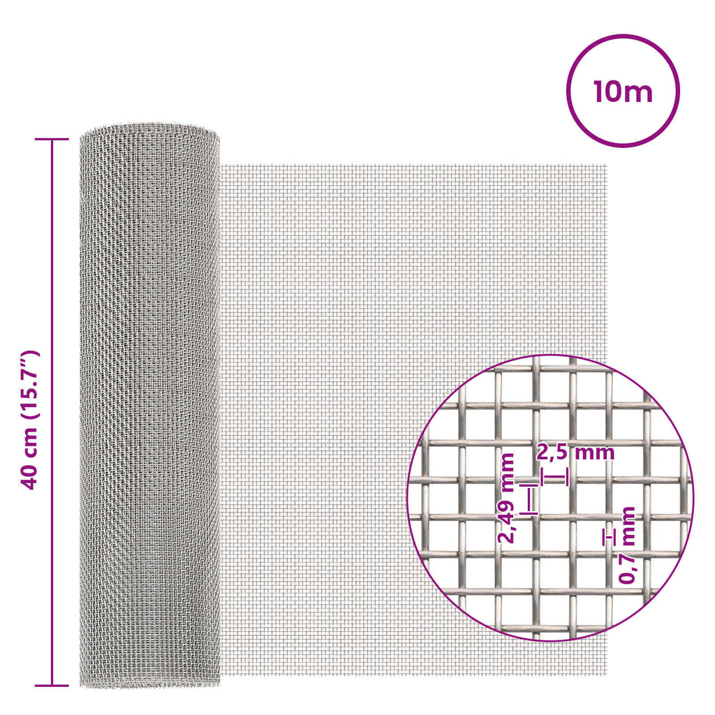 vidaXL Siatka ekranowa 40 x 1000 cm 8 Mesh Stal nierdzewna 201 srebrny