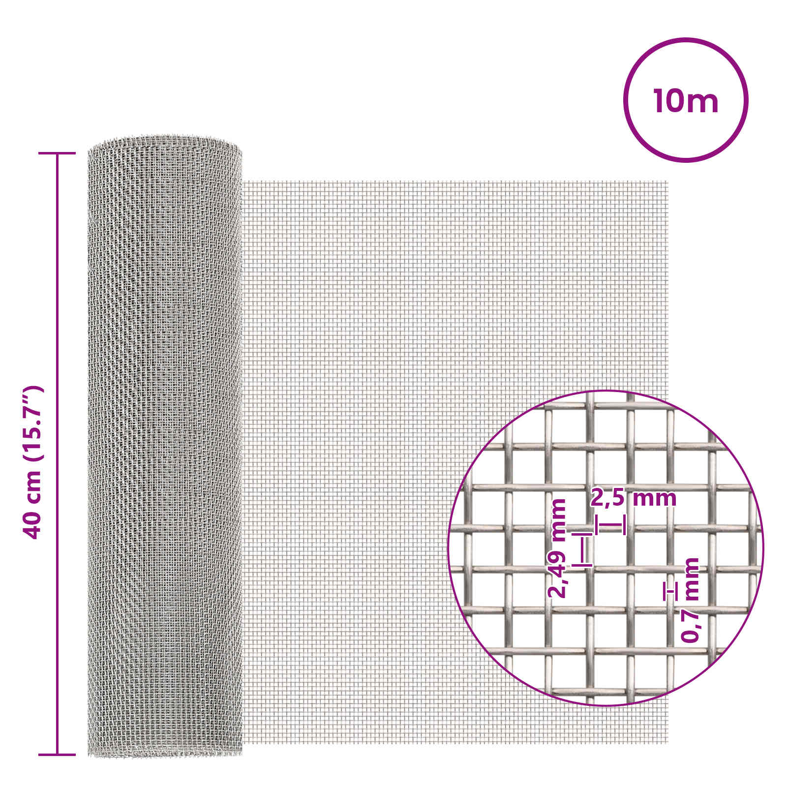 vidaXL Siatka ekranowa 40 x 1000 cm 8 Mesh Stal nierdzewna 201 srebrny