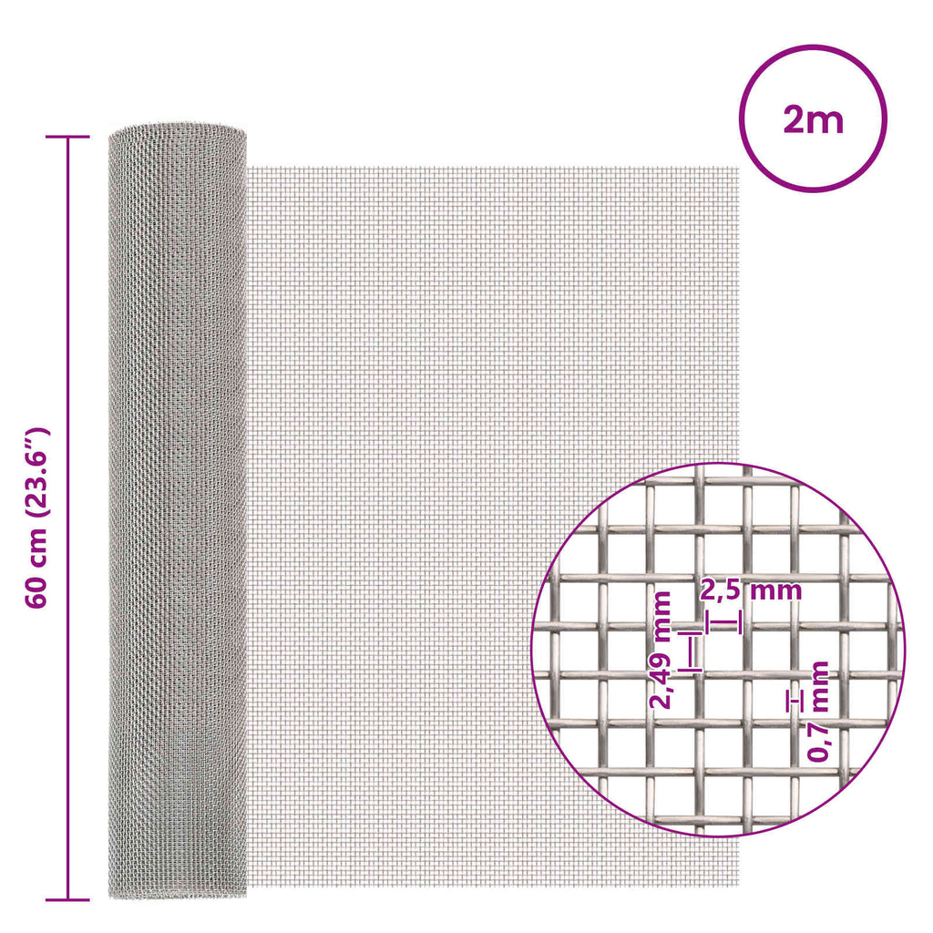 vidaXL Siatka ekranowa 60 x 200 cm 8 Mesh Stal nierdzewna 201 srebrny