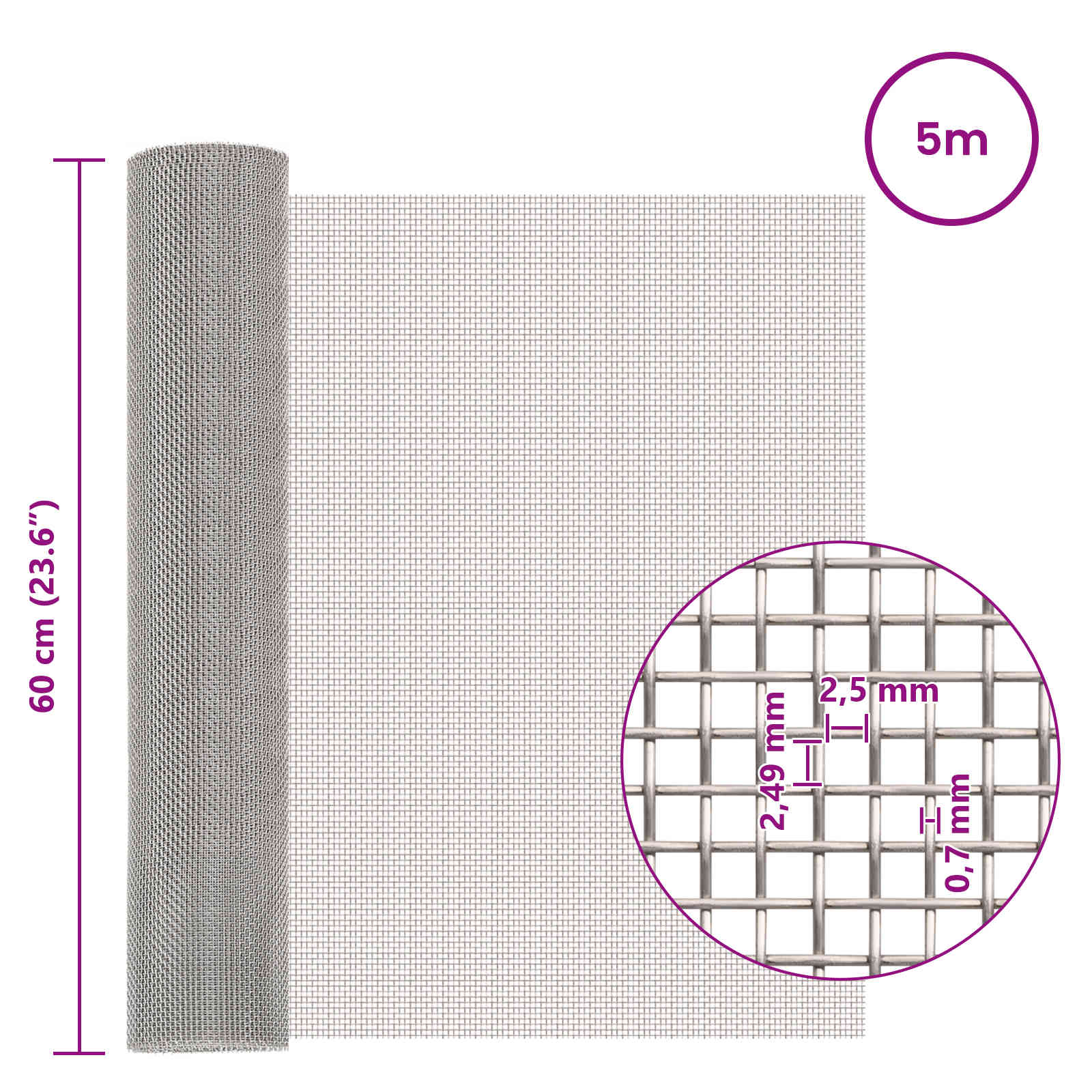 vidaXL Siatka ekranowa 60 x 500 cm 8 Mesh Stal nierdzewna 201 srebrny