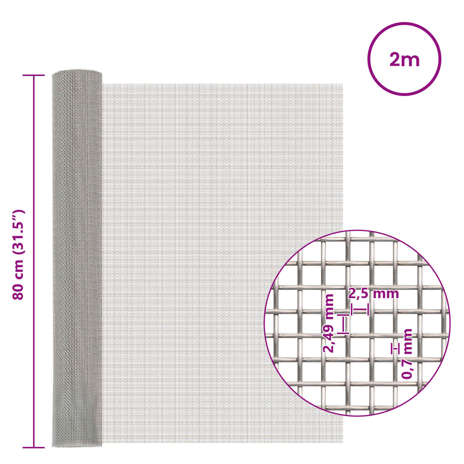 vidaXL Siatka ekranowa 80 x 200 cm 8 Mesh Stal nierdzewna 201 srebrny