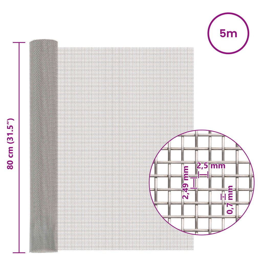 vidaXL Siatka ekranowa 80 x 500 cm 8 Mesh Stal nierdzewna 201 srebrny