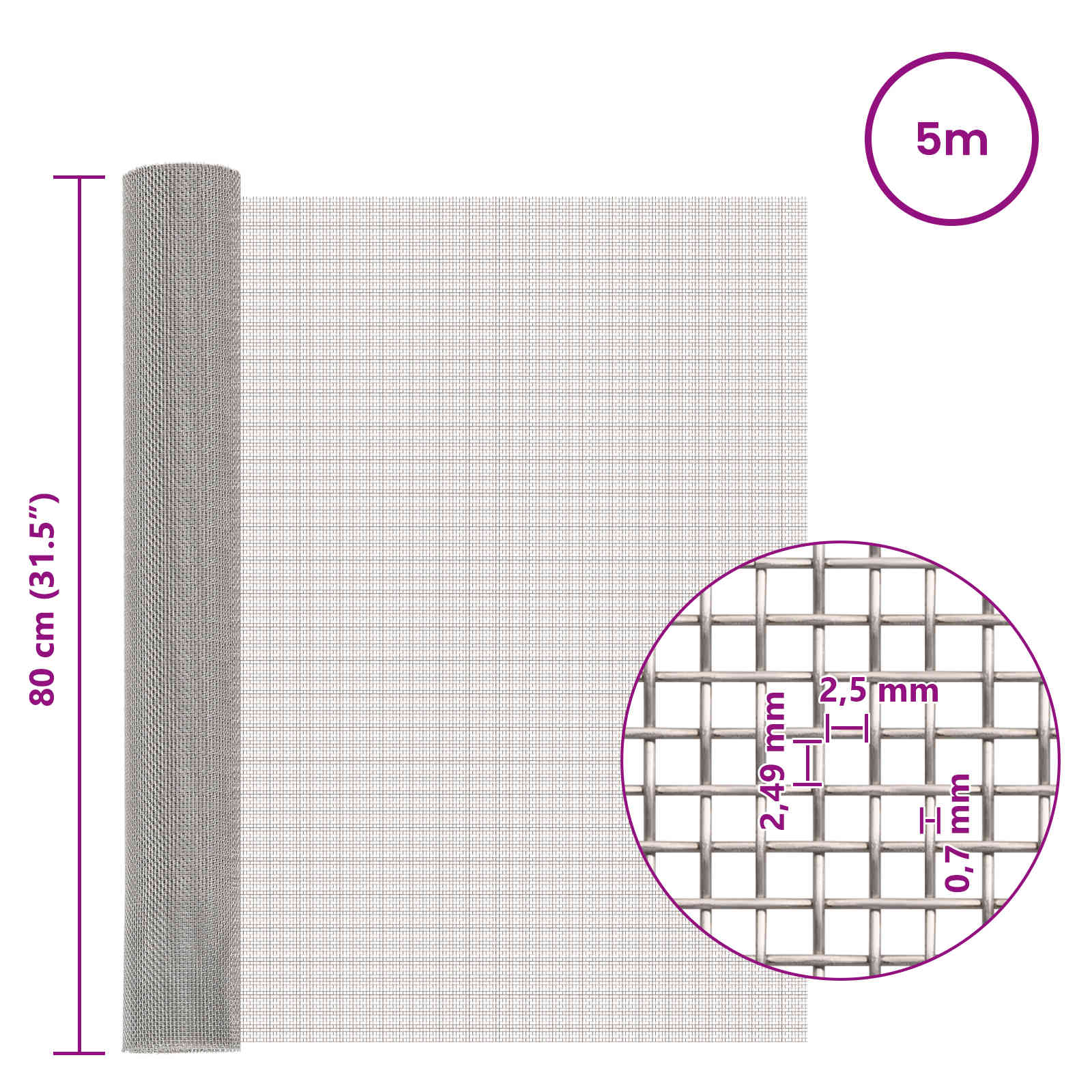 vidaXL Siatka ekranowa 80 x 500 cm 8 Mesh Stal nierdzewna 201 srebrny