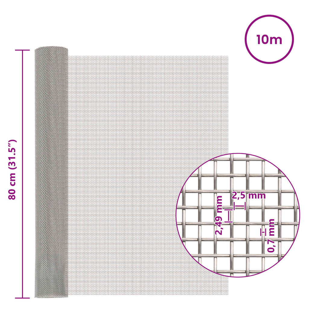 vidaXL Siatka ekranowa 80 x 1000 cm 8 Mesh Stal nierdzewna 201 srebrny