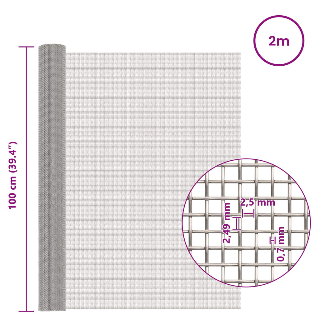 vidaXL Siatka ekranowa 100 x 200 cm 8 Mesh Stal nierdzewna 201 srebrny