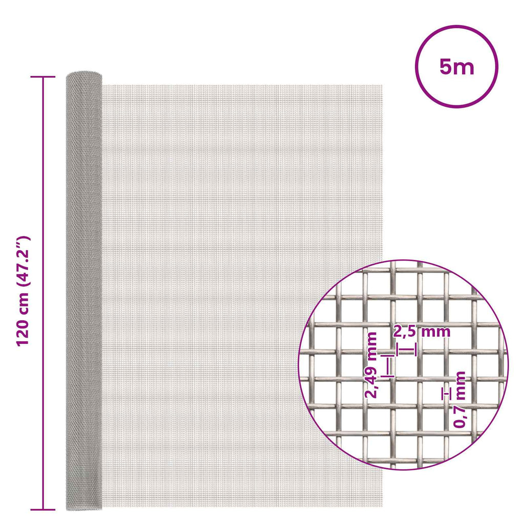 vidaXL Siatka ekranowa 120 x 500 cm 8 Mesh Stal nierdzewna 201 srebrny