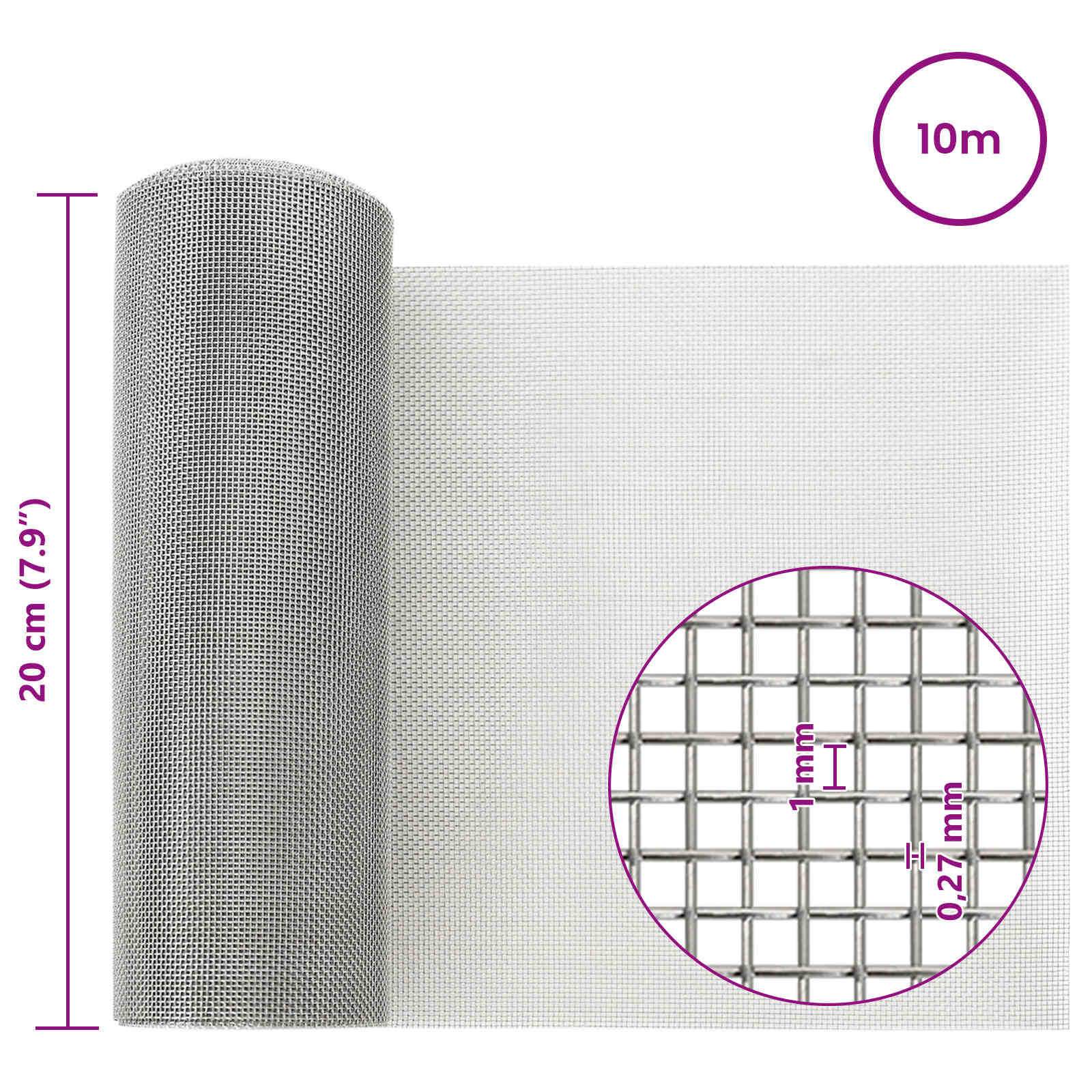 vidaXL Siatka ekranowa 20 x 1000 cm 20 Mesh Stal nierdzewna 201