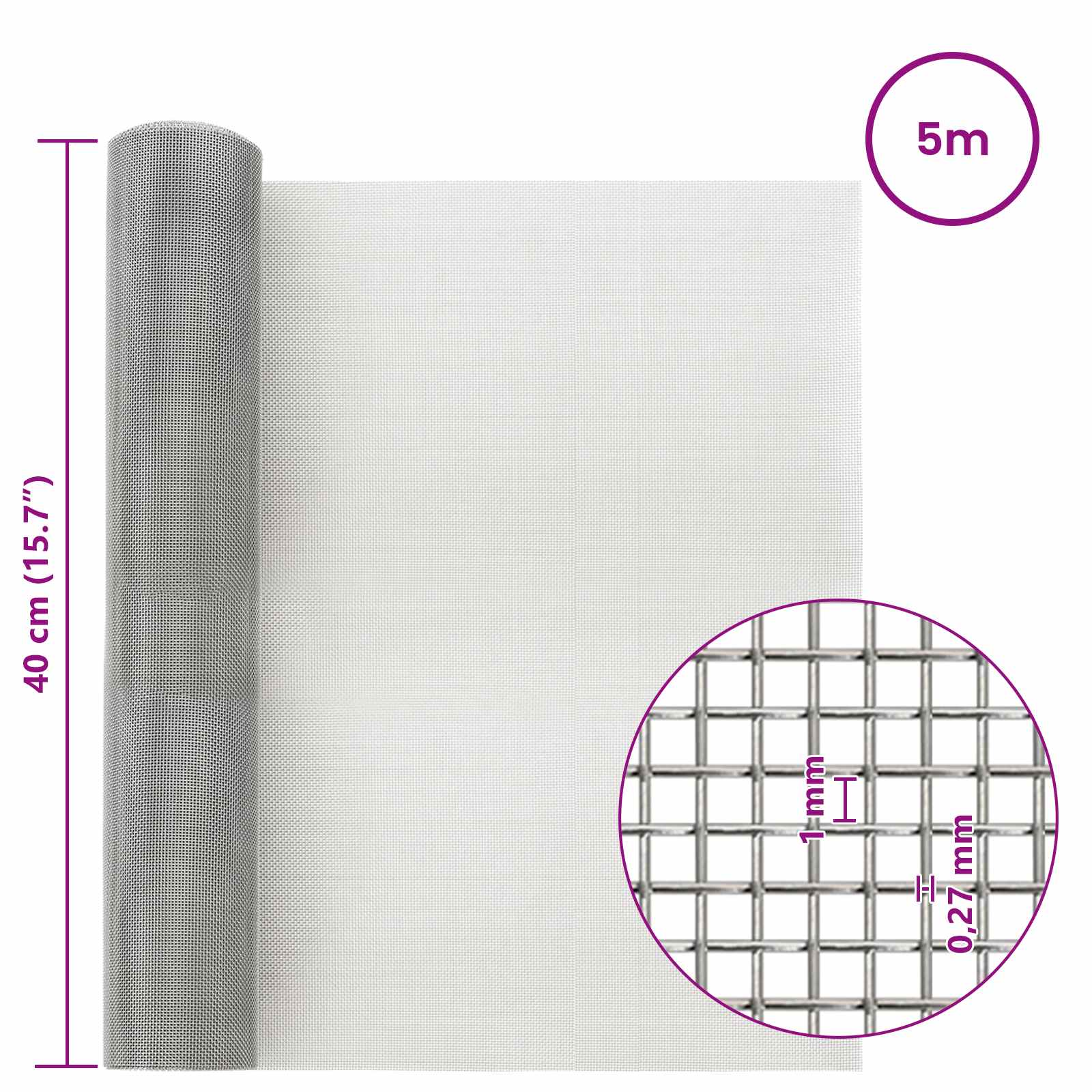 vidaXL Siatka ekranowa 40 x 500 cm 20 Mesh Stal nierdzewna 201 srebrny