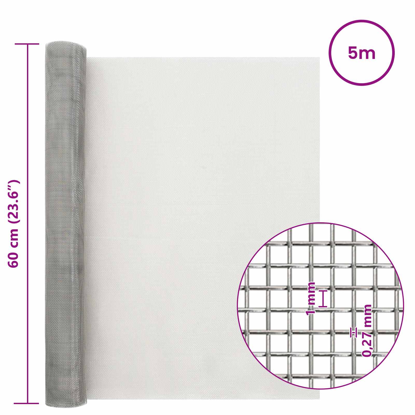 vidaXL Siatka ekranowa 60 x 500 cm 20 Mesh Stal nierdzewna 201 srebrny