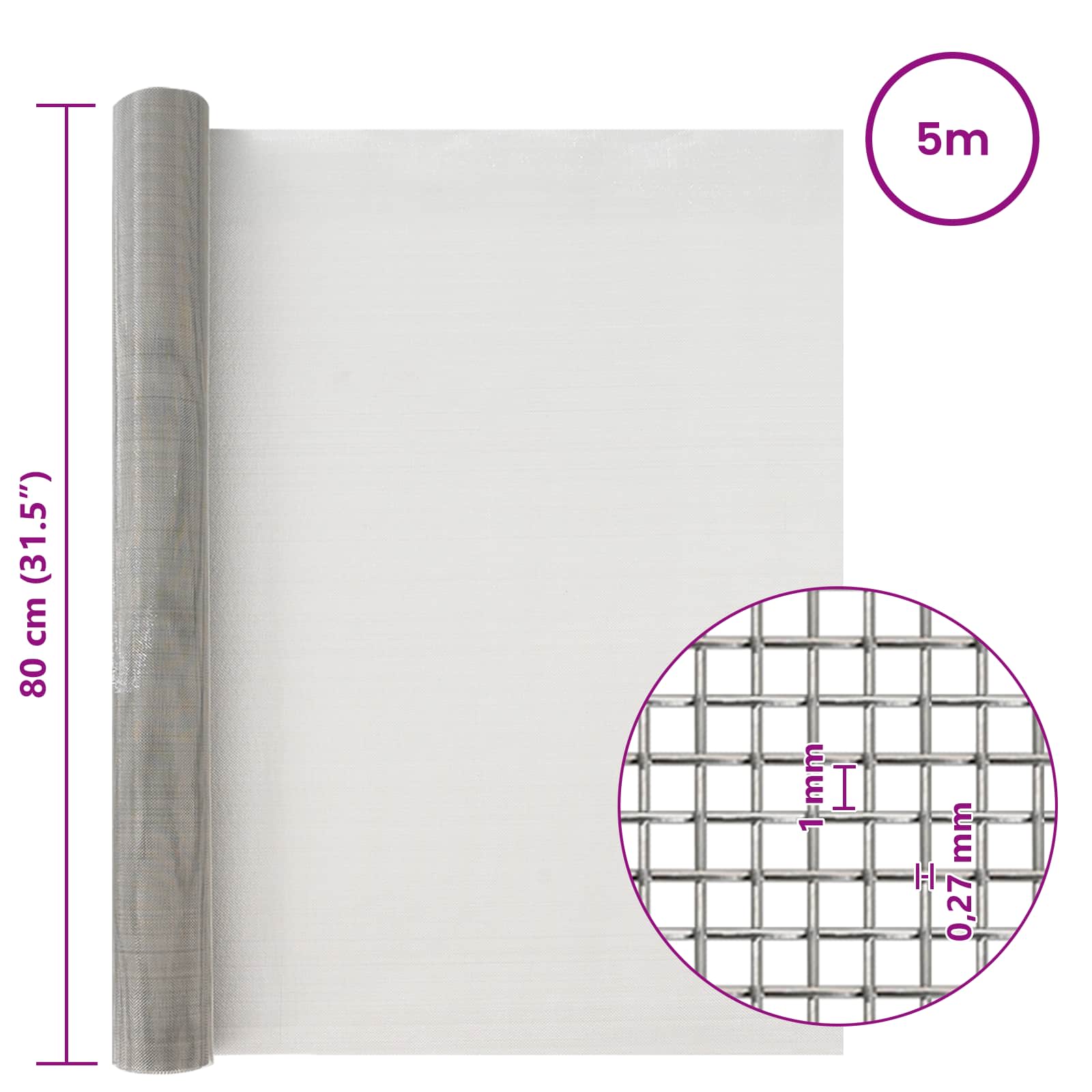 vidaXL Siatka ekranowa 80 x 500 cm 20 Mesh Stal nierdzewna 201 srebrny
