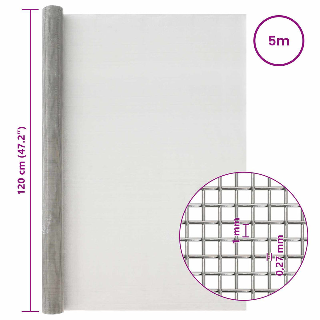 vidaXL Siatka ekranowa 120 x 500 cm 20 Mesh Stal nierdzewna 201