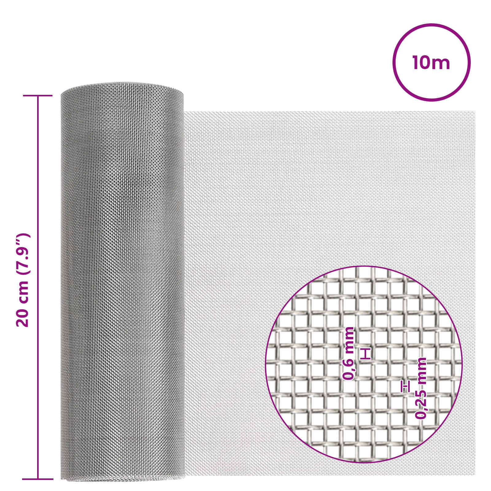 vidaXL Siatka ekranowa 20 x 1000 cm 30 Mesh Stal nierdzewna 201
