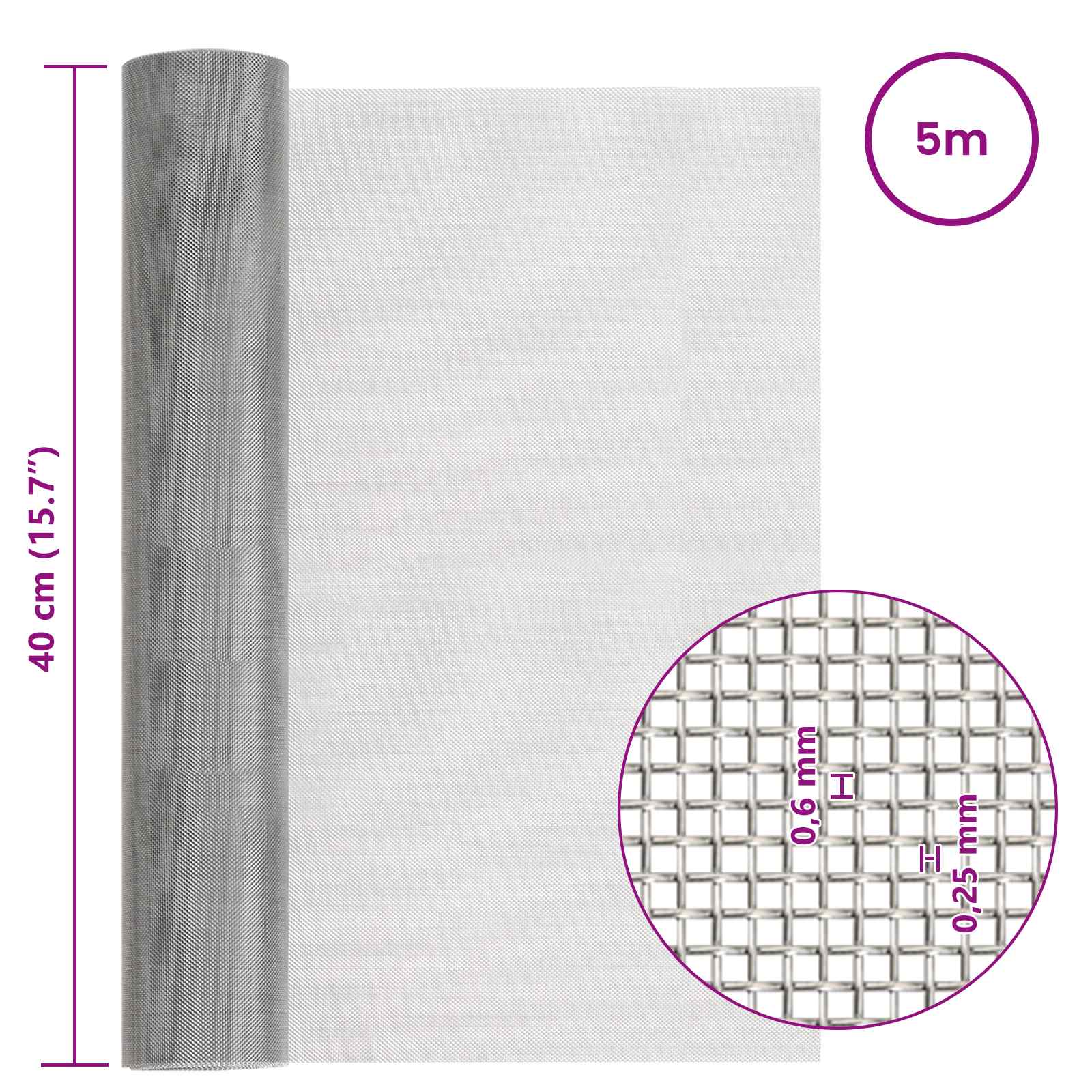vidaXL Siatka ekranowa 40 x 500 cm 30 Mesh Stal nierdzewna 201 srebrny