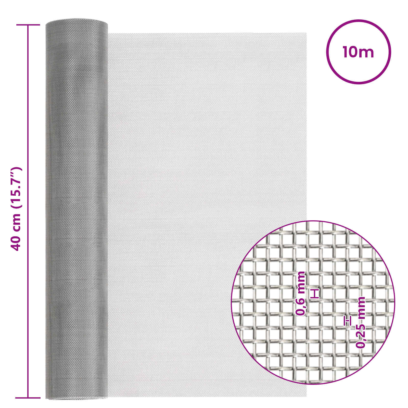 vidaXL Siatka ekranowa 40 x 1000 cm 30 Mesh Stal nierdzewna 201
