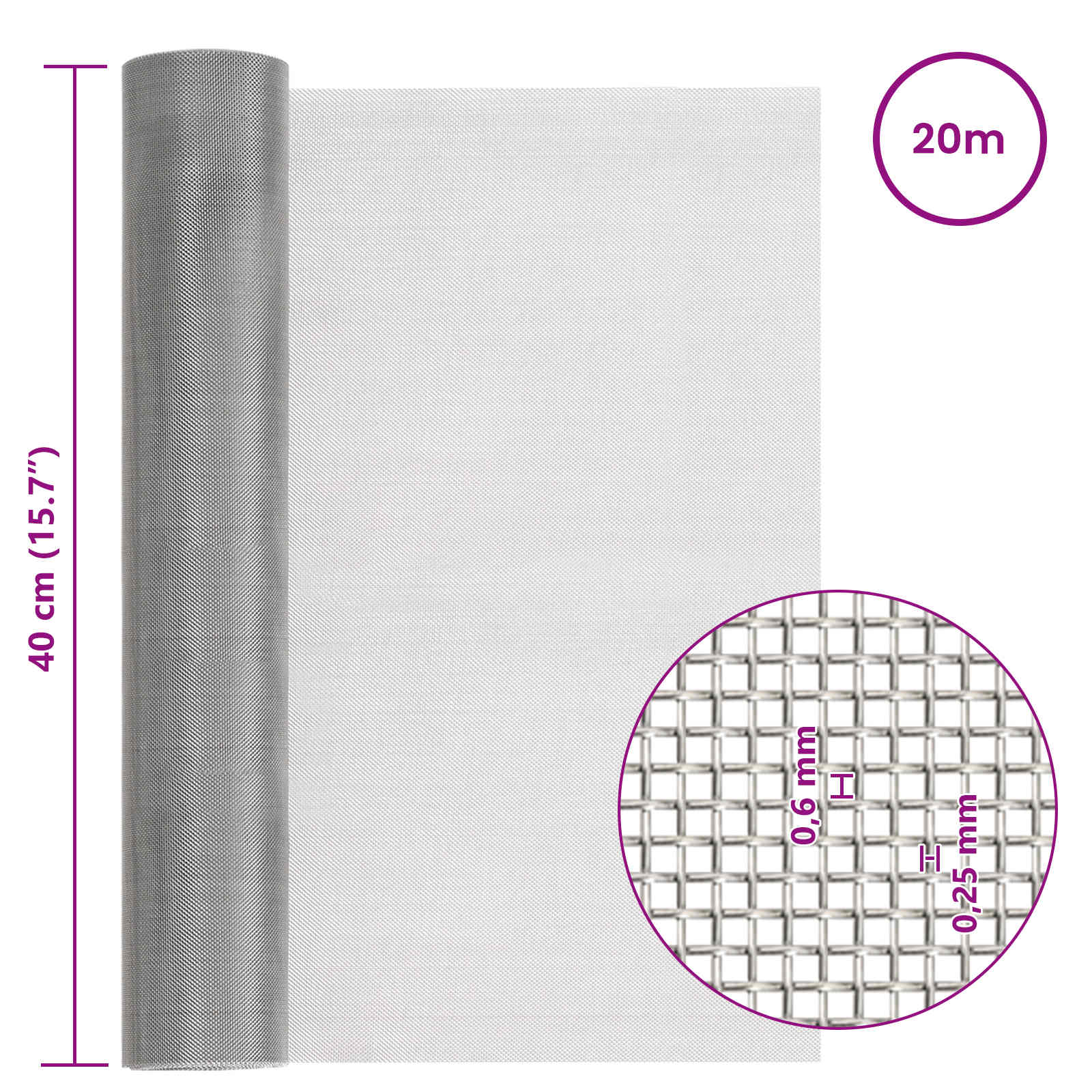 vidaXL Siatka ekranowa 40 x 2000 cm 30 Mesh Stal nierdzewna 201