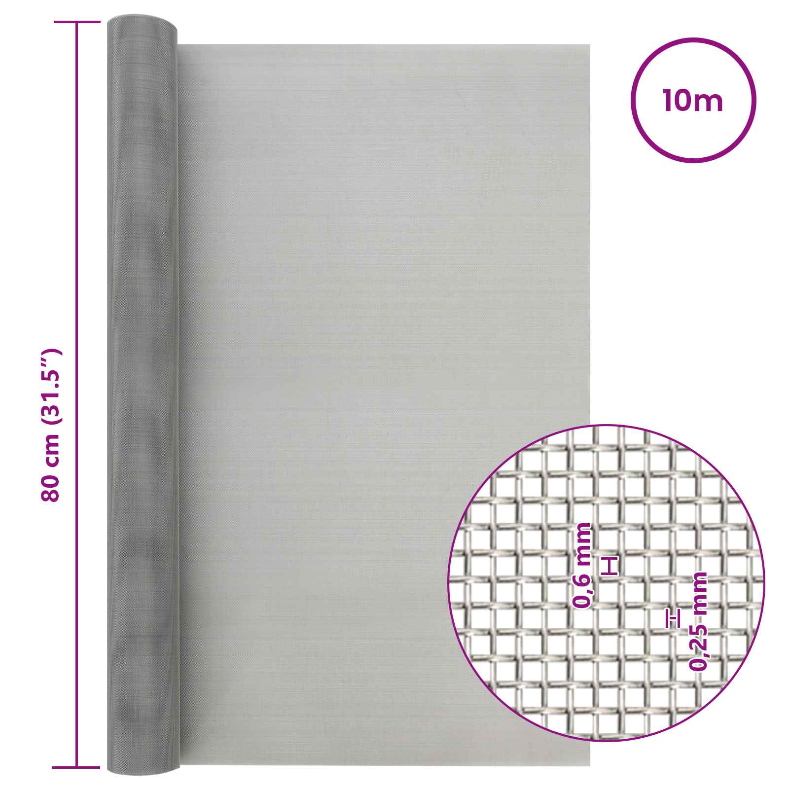 vidaXL Siatka ekranowa 80 x 1000 cm 30 Mesh Stal nierdzewna 201