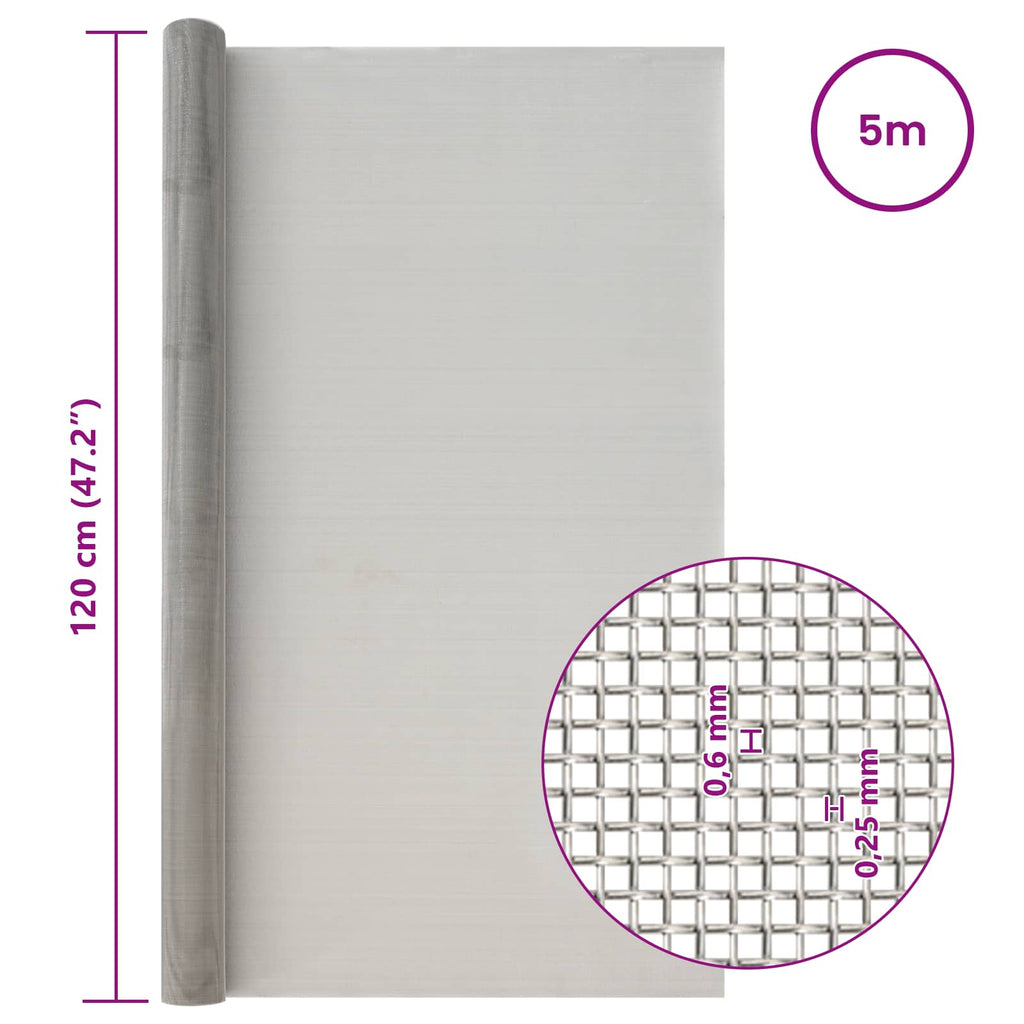 vidaXL Siatka ekranowa 120 x 500 cm 30 Mesh Stal nierdzewna 201