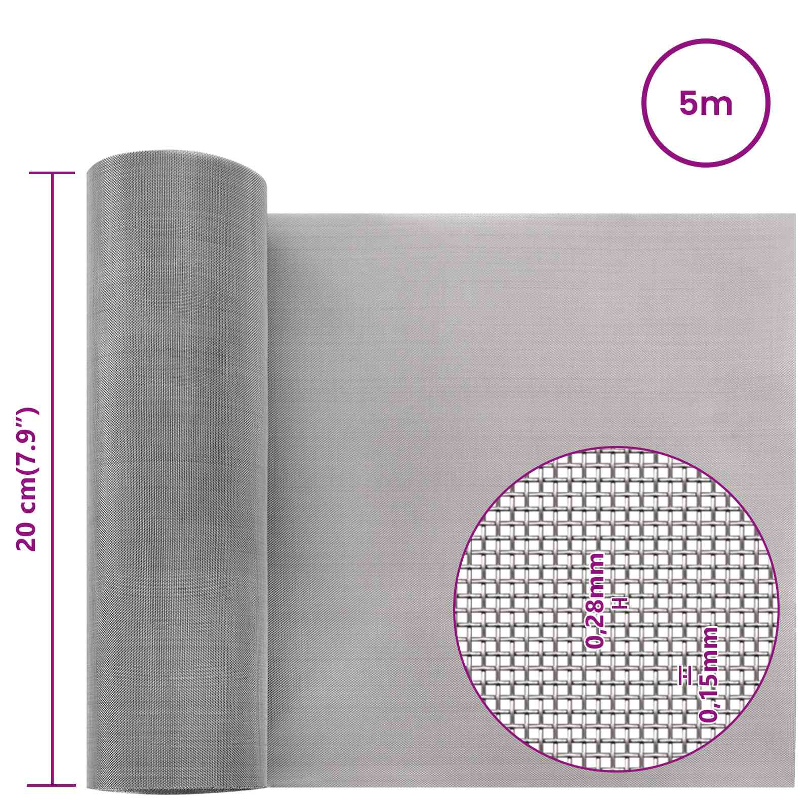 vidaXL Siatka ekranowa 20 x 500 cm 60 Mesh Stal nierdzewna 201 srebrny