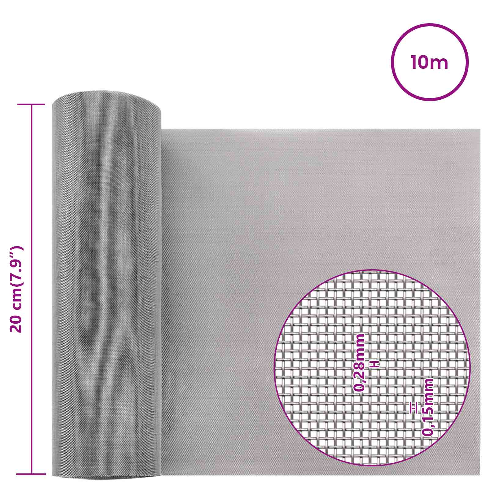 vidaXL Siatka ekranowa 20 x 1000 cm 60 Mesh Stal nierdzewna 201
